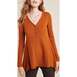 Maeve by Anthropologie Waffle Knit Henley Tunic Top Rust Orange X-Small